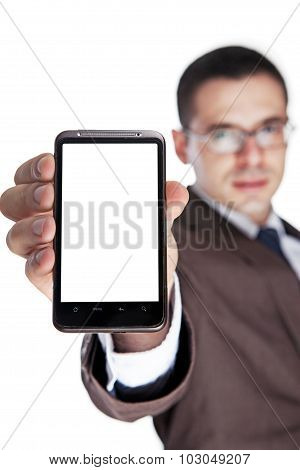 Businessman Showing Cell Phone Blank Screen On Thw White