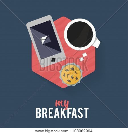 Icon breakfast for the business person, coffee and muffin and a telephone.