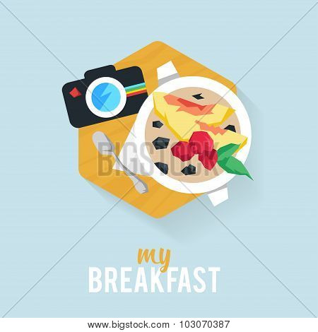 Icon breakfast for a creative person, oatmeal with fruit and a camera.