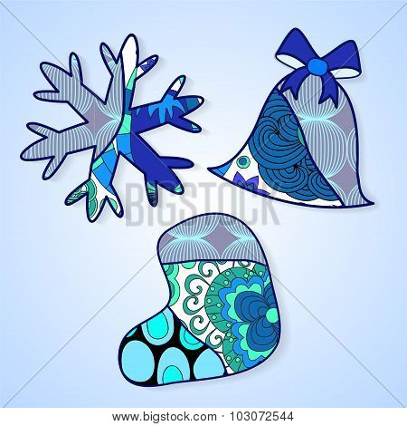 Stock Vector Christmas Decorative Isolated Snowflake, Bell And Stockingl.patchwork Design