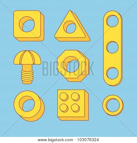 Set Of Tools: Screws And Nuts. Construction Hardware: Bolts, Nuts And Spacers, Isolated Vector Eleme