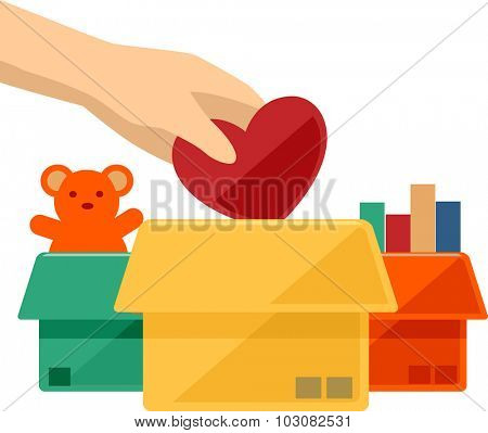 Flat Illustration of a Hand Dropping a Heart to a Donation Box