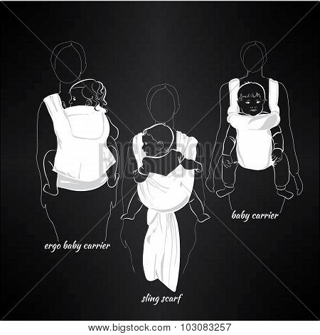 mothers with children in a sling on black background