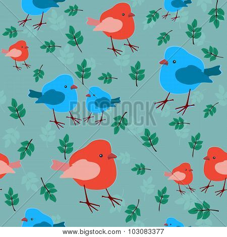 seamless pattern with birds seamless pattern with birds retro style painted birds branches. on a turquoise backgroundblue and red bird