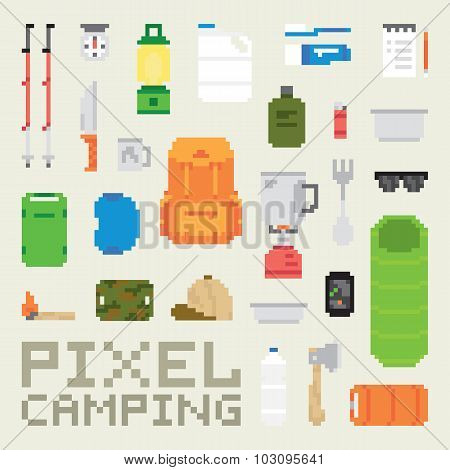 Pixel art camping goods isolated vector objects