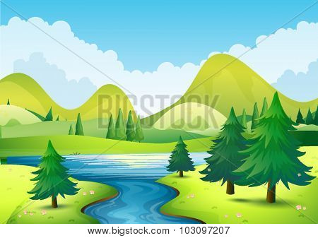 Nature scene with river and hills illustration
