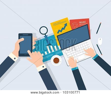 Vector illustration concept of analyzing project, financial report, market research.