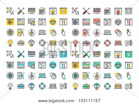 Flat line colorful icons collection of web design and development