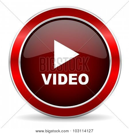 video red circle glossy web icon, round button with metallic border
