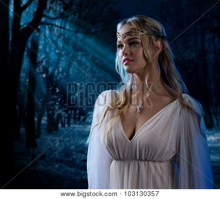 Young elven girl at night forest