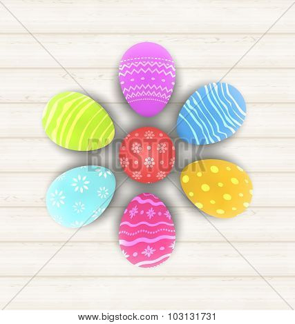 Easter set painted eggs on wooden texture