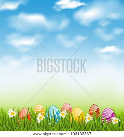 Easter natural landscape with traditional painted eggs in grass