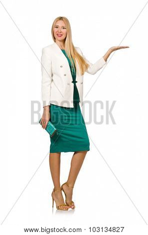 Pretty young woman in green dress isolated on white