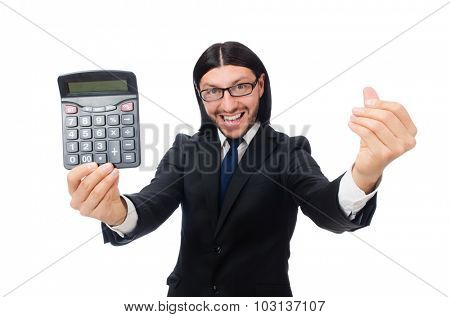 Man with calculator isolated on white
