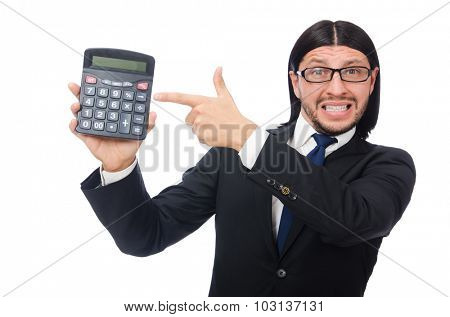 Man with calculator isolated on white