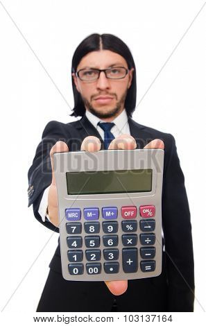 Man with calculator isolated on white