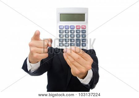 Man with calculator isolated on white