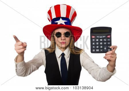 Woman with calculator isolated on white