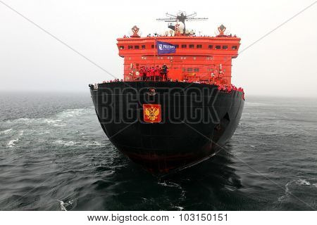 ARCTIC OCEAN, RUSSIA - July 11, 2015: Arctic cruise on board of nuclear icebreaker â50 years of Victoryâ â the biggest icebreaker in the world.
