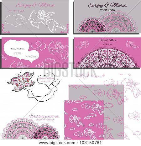 Set of wedding invitation with angels and laces, cards and wrapp