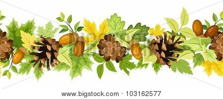 Horizontal seamless background with autumn leaves, cones and acorns. Vector illustration.