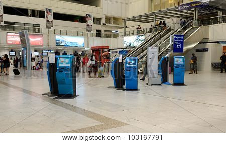 NICE, FRANCE - AUGUST 15, 2015: Nice International Airport interior. It is located 5.9 km southwest of Nice, in the Alpes-Maritimes department of France. It is the third busiest airport in France.