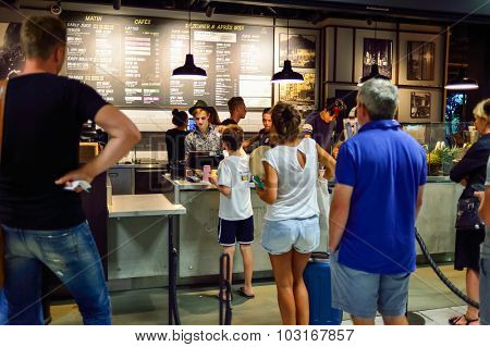 NICE, FRANCE - AUGUST 15, 2015: Airport cafe interior. Nice International Airport It is located 5.9 km southwest of Nice. It is the third busiest airport in France.
