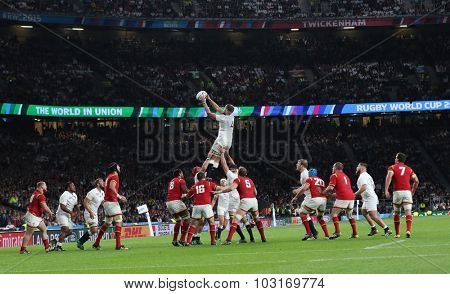 TWICKENHAM, ENGLAND - SEPTEMBER 26 2015:  The 2015 Rugby World Cup Pool A match between England and Wales at Twickenham Stadium, on September 26, 2015 in London, United Kingdom.