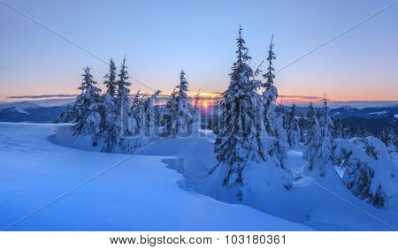 Fantastic orange evening landscape glowing by sunlight. Dramatic wintry scene with snowy trees. Kukul ridge, Carpathians, Ukraine, Europe. Merry Christmas!