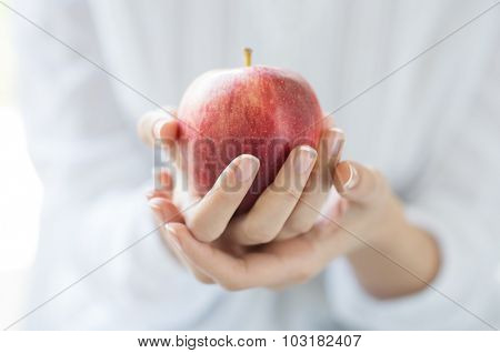 Closeup shot of a woman holding healthy red apple. Red apple in woman hands with white shirt at home. Shallow depth of field with focus on the red apple. 