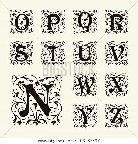 Vintage set capital letters, floral Monograms and beautiful filigree font. Art Deco, Nouveau, Modern