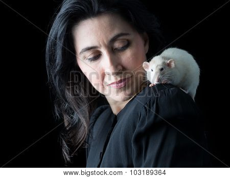 Woman In Black With White Rat