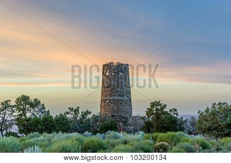 Desert View Watchtower In Sunset At Grand Canyon
