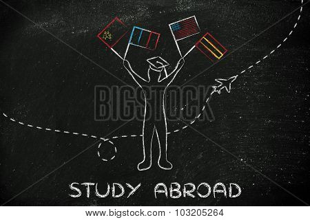 Study Abroad, Person With Mixed Flags And Airplane
