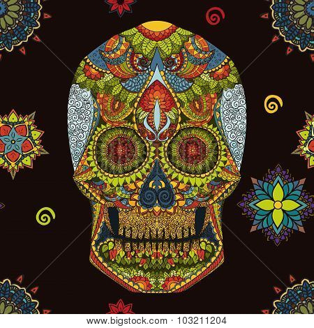 Day Of The Dead. Hand Drawn Skull ornamentrd vector flowers