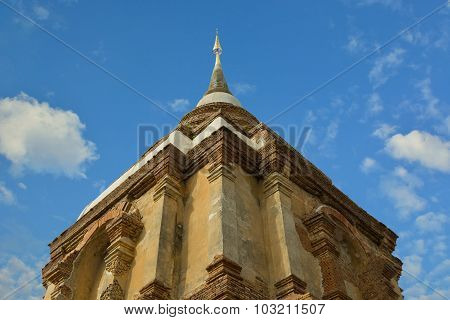 Old Pagoda Temple And Blue Sky Background.