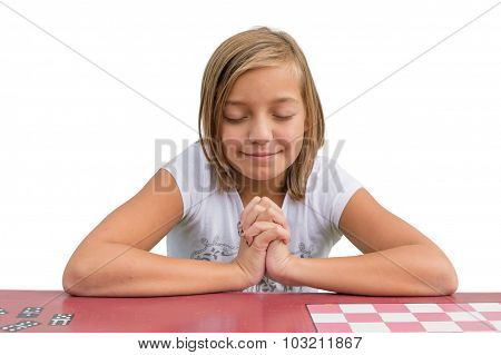 Young Cute Child Girl Pray At Red Desk In Sunday School Praying An Having Devotional