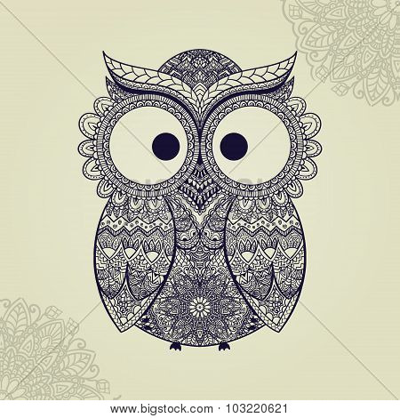 Vector illustration of owl. Bird illustrated in tribal.Owl whith