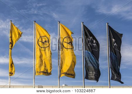 Lufthansa Flag With Lufthansa Symbol, The Crane And Star Alliance Flag
