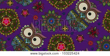 Hand drawn Mandala and ornamental owl seamless pattern, Floral D