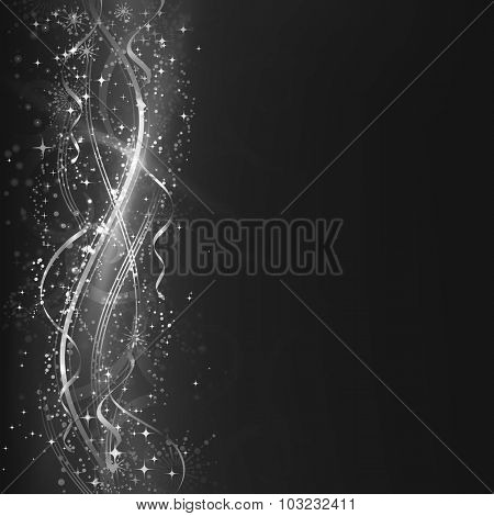 Overlaying silver wavy lines forming an abstract pattern with light effects on a dark background. With stars and space for your copy. 