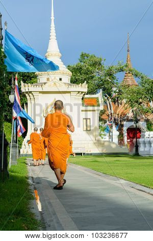 Thai Monk Walking In Temple To Worship