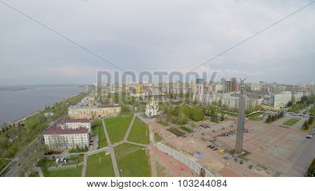 SAMARA - MAY 05, 2015: Cityscape Glory Monument on Glory Square and Cathedral of St. George at spring cloudy day. Aerial view video frame