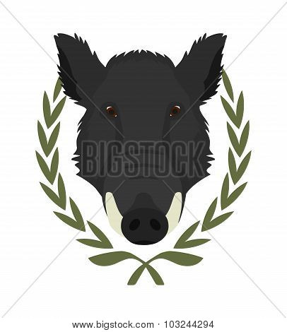 Boar head in laurel wreath. Color