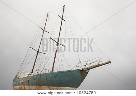 Rusty Wooden Sailboat Waiting To Be Scraping In Azores. Portugal