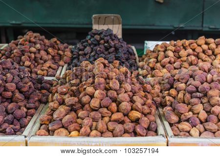 Dry Fruits And Spices Like Cashews, Raisins, Cloves, Anise, Etc. On Display For Sale In A Osh Bazaar