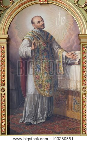 ZAGREB, CROATIA - MAY 28: Saint Ignatius of Loyola, altarpiece in the Basilica of the Sacred Heart of Jesus in Zagreb, Croatia on May 28, 2015