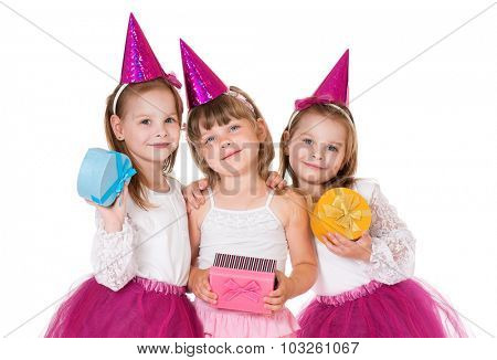 Cute little girls with gifts, isolated on white background