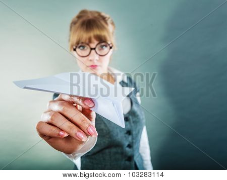 Fly Fear. Woman Holding Airplane In Hand.