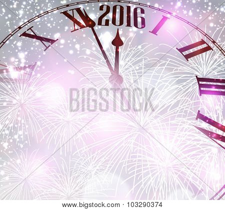 2016 New Year background with clock. Vector paper illustration.